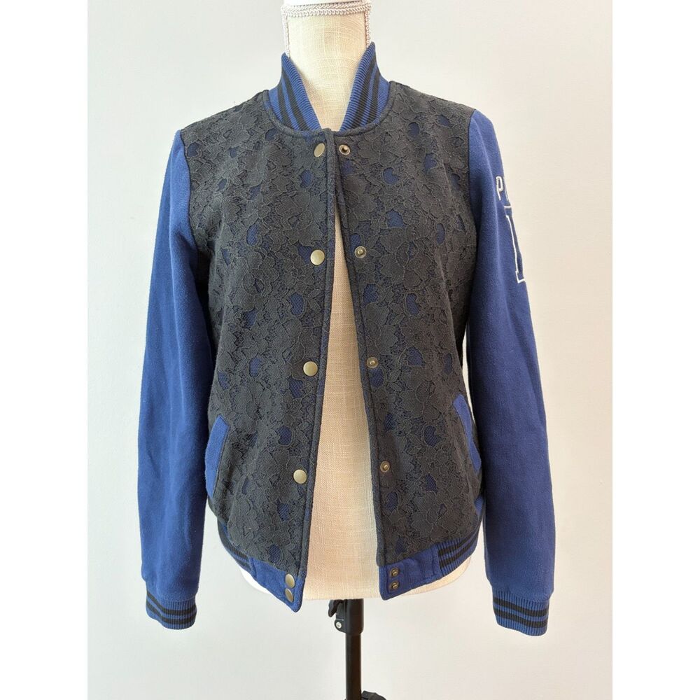 Y2K VS PINK Varsity Bomber Jacket Lace Overlay Snap Front Blue Black Small